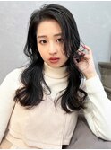 韓国風黒髪ダークブルージュレイヤーロング似合わせカット