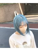 ペールブルー水色ヘアアイスブルーボブハイトーンブルー