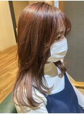 韓国風/くびれレイヤー/薄めバング/ピンクカラー