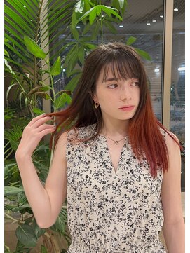 スタン 渋谷(Stam) オレンジデザインカラーハイトーンレイヤーロングブリーチカラー