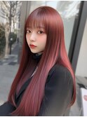 ロング　チェリーレッド　顔周りカット　ブリーチなしカラー
