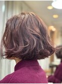 ミニボブ切りっぱなしピンクブラウン前髪なし髪質改善ミネコラ