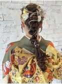 【成人式ヘアセット】編みおろしポニー×金箔×水引
