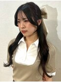 ハーフアップ 顔周りアレンジ ヘアセット リボン ゆる巻き
