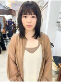 暗髪グレージュセミロングフェイスレイヤー前髪あり