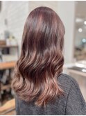 ピンクハイライトにウェーブ巻きでうる艶髪♪KG021