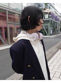 △癖毛風ボブパーマミディアムパーマブルーブラック