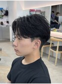 無造作フェザーパーマセンターパートツーブロックメンズパーマ