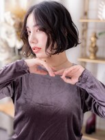 カバーヘアアンドスパ ブリス 浦和(COVER HAIR&SPA bliss)&nbsp;かきあげバングくせ毛風ラフウェーブ黒髪ボブa20代30代40代