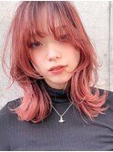 コーラルピンク×顔まわりレイヤー ウルフスタイル