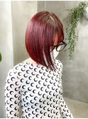赤レッドカラーピンクカラーボブ前下がり艶暖色カラー暖色系
