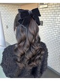 ハーフポニー　リボン　パーティヘア　イベントヘアセット