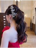洋装 ゆるふわ カール ポニーテール ヘアアレンジ