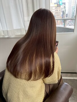 大人ガーリー透明感シフォンベージュブリーチなし艶感ストレート