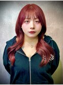 チェリーレッドロングヘアケアブリーチ渋谷韓国風透明感カラー