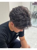 ダークアッシュニュアンスパーマ韓国マッシュベリーショート