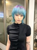 ショートウルフカットブルーパープルデザインカラー