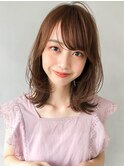 ボブルフ大人かわいいピンクベージュ薄めバングくびれモテ髪