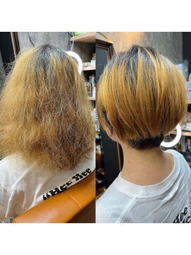 ドア(doa) 脱白髪染め　白髪ぼかしハイライトの髪の縮毛矯正