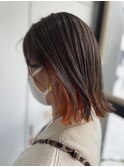 「NUDE」#くすみカラー インナーカラー オレンジ ぱっつんボブ