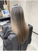 バレイヤージュ、ハイライト、レイヤーロング、グレーベージュ