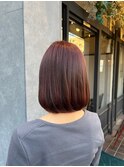 タッセルボブ　切りっぱなしボブ　カシスレッドブラウン髪質改善