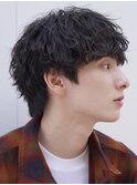 渋谷スパイラルパーマメンズマッシュウルフセンターパートカット