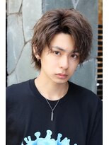 ネイビー(NAVY)&nbsp;ミディアムパーマ スパイラル センターパート マッシュウルフ