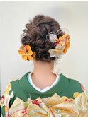 20代成人式卒業式 和装振袖着物アップヘアお団子ヘア編み込み