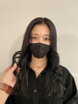 黒髪グレーベージュレイヤーロング前髪パーマ アッシュブラック