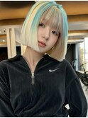 xブリーチ/イメチェン/ホワイトブロンド/外ハネボブ/美髪/