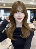 パールベージュピンクブラウンカラー顔周りレイヤーカット