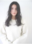 韓国風レイヤーふんわりミディアム大人黒髪ウェーブ巻き