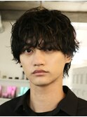 原宿メンズマッシュウルフ無造作シャドウパーマツーブロック黒髪