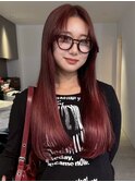 レイヤーカットローレイヤー赤髪ロングヘアダークレッドカラー