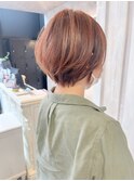 福山人気caaryオレンジブラウンカラー丸みショートボブ20代30代