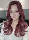 ワインレッドワンホンヘア/渋谷/韓国/レイヤーカット/エクステ