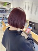 ブリーチなしワインレッド×ミニボブ
