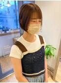 【宮本】ぱつっとボブ切りっぱなし丸み大人可愛いグレージュ