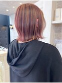 福山市美容室Caaryミディアムボブ・ハイライト赤みピンクカラー