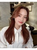 チェリーピンク韓国風巻きくびれヘアフェザーバング