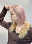 ミルクティーピンクグレージュミディアムウルフレイヤー長めボブ