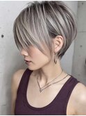 前髪小顔グレージュ大人ショートボブヘア20代30代40代