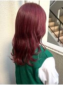 レッドカラー 暖色系 ゆる巻きセミロング ダブルカラー
