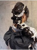 和装ヘアセット大人可愛い編み下ろしリボンアレンジ成人式
