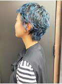 ケアパーマベリーショートパーマデザインカラーブルー癖毛パーマ