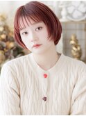 チェリーレッドぱっつん前髪シャギーカットa川口10代20代30代