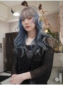 ウルフカット×ルーツカラー ホワイトベージュ ペールブルー