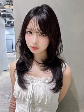 ロング暗めカラー韓国ヘア顔周りレイヤー_F41012