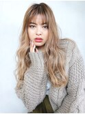 ブロンドベージュロング_厚めバングローライト_56648